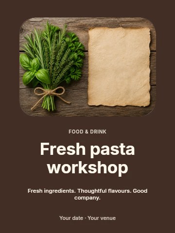 Fresh herb bundle next to blank paper in Fresh pasta workshop invitation template