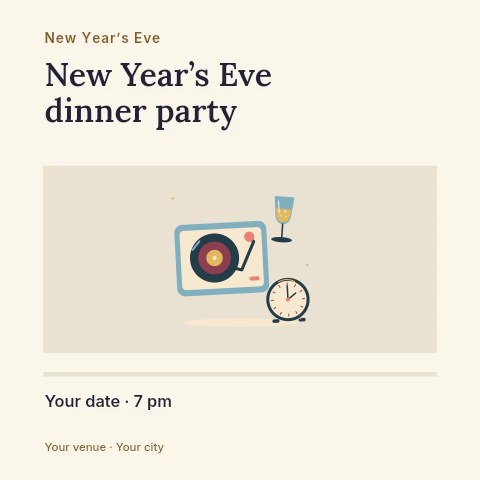 Countdown music with turntable and champagne in New Year’s Eve dinner party social media post template