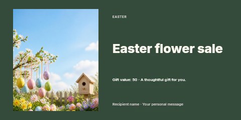 Easter eggs hanging on blossoming tree branch in Easter flower sale gift voucher template