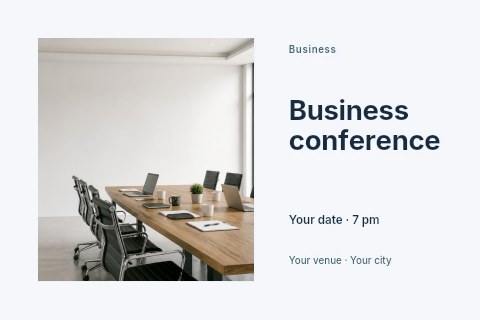 Modern bright conference room with laptops in Business conference postcard template