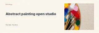 Wooden artist palette with paintbrushes in Abstract painting open studio banner · Horizontal photo dialogue