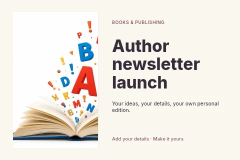 Open book with colorful floating letters in Author newsletter launch postcard template