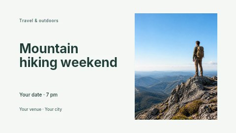 Man standing on rocky mountain peak in Mountain hiking weekend banner template