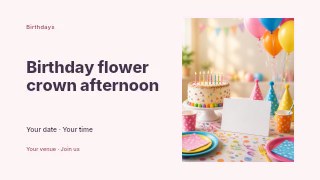 Birthday flower crown afternoon presentation cover template · Horizontal photo dialogue