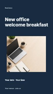 Minimalist workspace with laptop and notebook in New office welcome breakfast instagram story · Modern programme