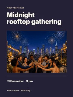 Diverse group toasting on rooftop at night in Midnight rooftop gathering · Title & photograph