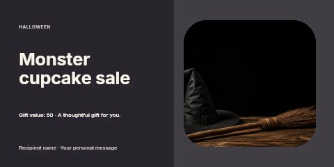 black witch hat and broom on wooden table in Monster cupcake sale gift voucher template