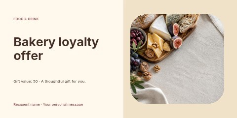 Artisan cheese and fruit platter with bread in Bakery loyalty offer gift voucher template