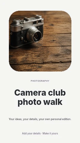 Vintage camera on rustic wooden table in Camera club photo walk instagram story template