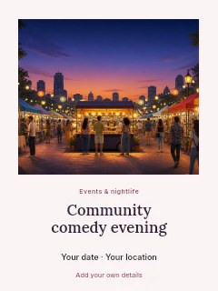 Community comedy evening greeting card template · Quiet photo gallery