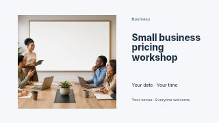 Small business pricing workshop presentation cover template · Horizontal photo dialogue