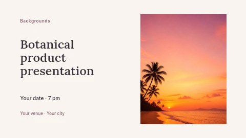 Tropical beach sunset with palm trees in Botanical product presentation presentation cover template