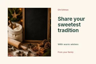 Christmas baking setup with chalkboard in Christmas cookie exchange photo layout · Horizontal photo dialogue