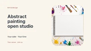 blank sketchbook surrounded by painting tools in Abstract painting open studio youtube thumbnail · Horizontal photo dialogue