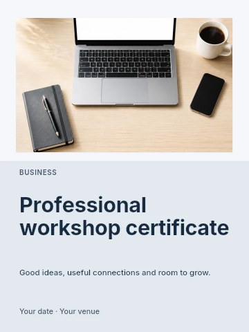 Laptop workspace with coffee and notebook in Professional workshop certificate invitation template