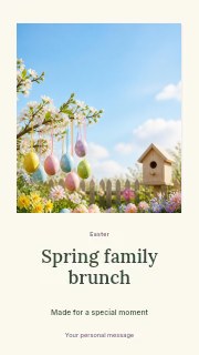 Easter eggs hanging on blossoming tree branch in Spring family brunch · Quiet photo gallery
