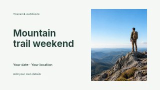 Mountain trail weekend presentation cover template · Horizontal photo dialogue