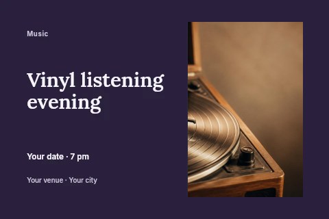 Vintage turntable playing vinyl record in Vinyl listening evening postcard template