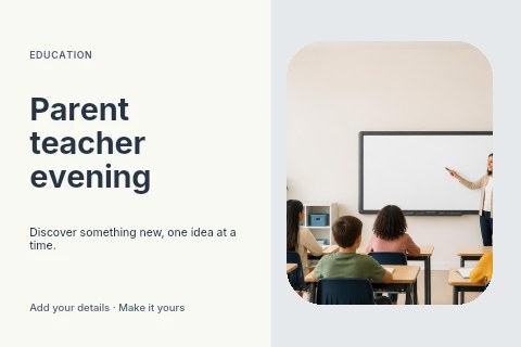 Teacher instructing students at whiteboard in Parent teacher evening postcard template
