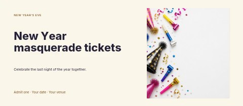 Festive party hats and blowouts on white in New Year masquerade tickets event ticket template