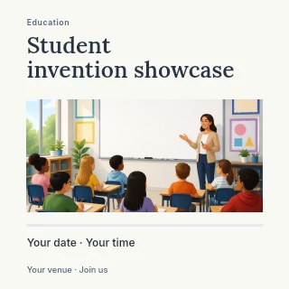 Teacher instructing diverse elementary students in Student invention showcase social media post · Title & photograph