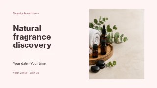 Spa essentials with essential oils and hot stones in Natural fragrance discovery presentation cover · Horizontal photo dialogue