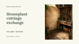 Houseplant cuttings exchange presentation cover template · Horizontal photo dialogue