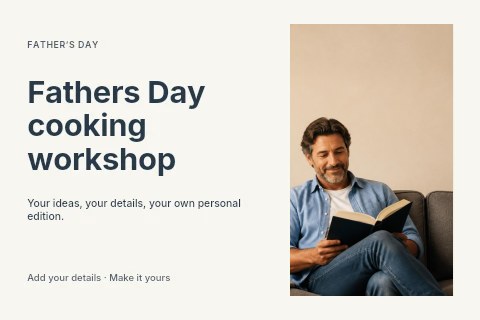 Man Relaxing on Couch Reading Book in Fathers Day cooking workshop postcard template