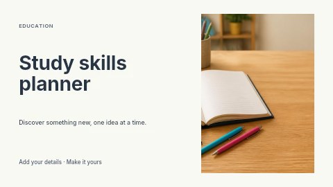 Open notebook with pens and glasses on table in Study skills planner presentation cover template