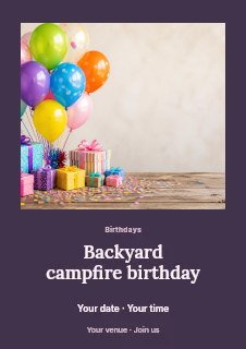 Backyard campfire birthday flyer template · Quiet photo gallery