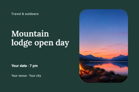 Campfire by Mountain Lake at Sunset in Mountain lodge open day postcard template