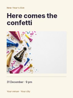 Festive party hats and blowouts on white in New Year’s Eve confetti party photo layout · Title & photograph