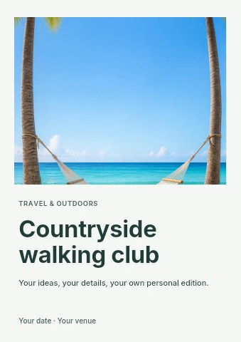 Hammock between palm trees on tropical beach in Countryside walking club flyer template