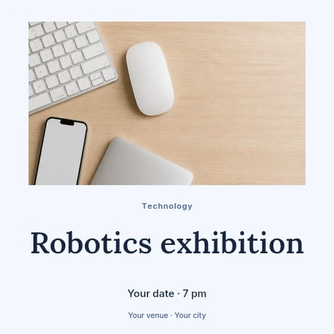 Minimalist workspace with wireless devices in Robotics exhibition social media post template