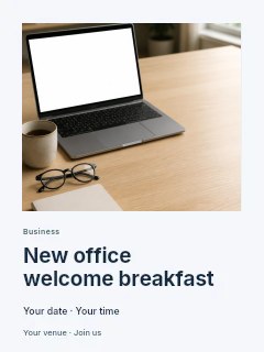 Minimalist workspace with laptop and notebook in New office welcome breakfast poster · Gallery editorial