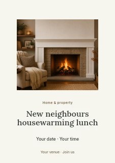 Cozy armchair by lit fireplace in New neighbours housewarming lunch flyer · Picture window