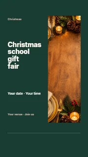 Festive holiday dining table setting in Christmas school gift fair instagram story · Split portrait