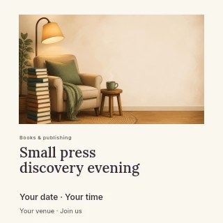 Small press discovery evening social media post template · Gallery editorial