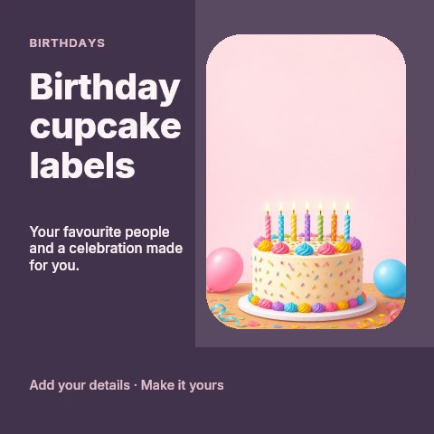 Colorful birthday cake with candles in Birthday cupcake labels social media post template