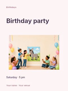 Children playing pin the tail game in The Birthday Table · Modern programme