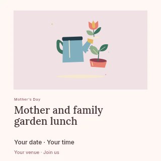 Mother's Day garden with a watering can and seedling in Mother and family garden lunch social media post · Gallery editorial