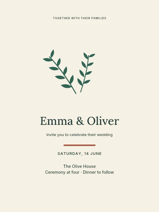Olive foliage · spray arrangement with 4 leaf pairs in Olive garden · Wedding invitation