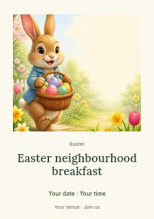 Easter bunny carrying basket of colorful eggs in Easter neighbourhood breakfast flyer · Quiet photo gallery