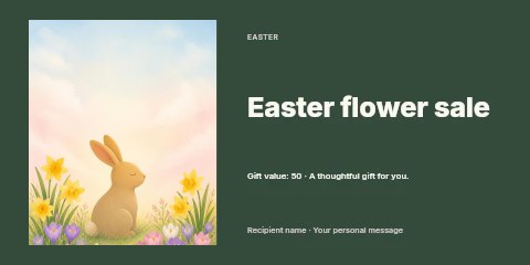 Calm bunny among spring flowers in Easter flower sale gift voucher template