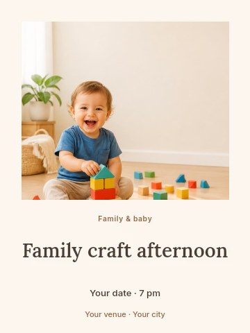 Toddler playing with colorful wooden blocks in Family craft afternoon poster template