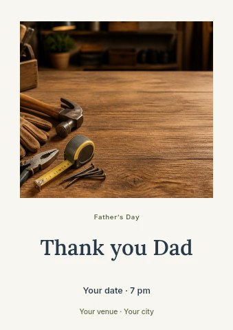 woodworking tools on rustic wooden table in Thank you Dad flyer template