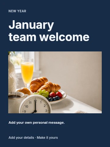 Breakfast table with clock and fruit in January team welcome greeting card template