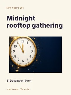 Classic clock striking midnight in Midnight rooftop gathering · Modern programme