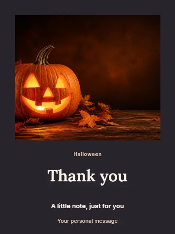 Glowing jack-o’-lantern on wooden table in Halloween family portraits greeting card template
