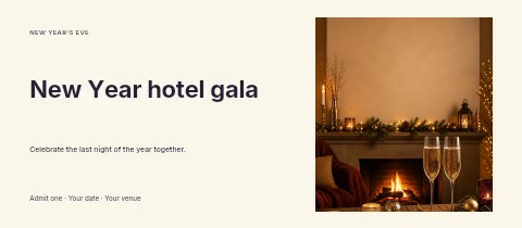 Cozy fireplace with champagne glasses in New Year hotel gala event ticket template